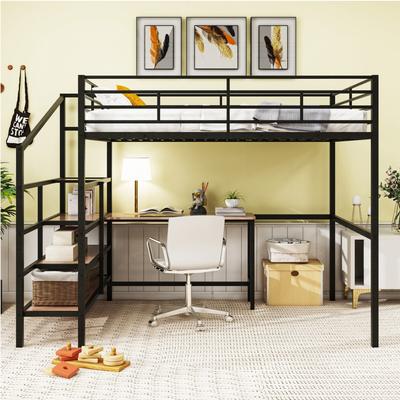 Full Size Metal Loft Bed with Desk and Lateral Storage Ladder,Easy Assembly