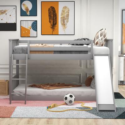 Compact Low Bunk Design Twin over Twin Bunk Bed with Convertible Slide and Ladder