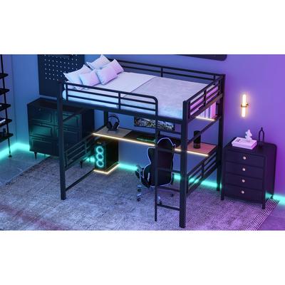 Full Size Metal Loft Bed Gaming Bed with Shelf and LED Light