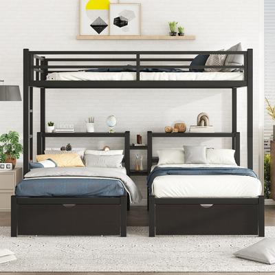 Full XL over Twin & Twin Triple Bunk Bed With Drawers,Multi-Functional Metal Frame Bed, Bed Head with Shelving