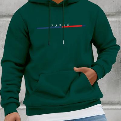 TEMU Men's Casual Hooded Sweatshirt With Kangaroo Pocket - Fall/winter Knit Fabric Hoodie With Geometric Paris Print, Polyester Blend, Regular Fit And Stretch Image