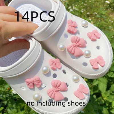 TEMU 14 Pcs Pink Bow And Pearl Shoe Charms, Pvc Slip-on Shoe Decorations, Detachable Accessories For Sandals And Hole Shoes