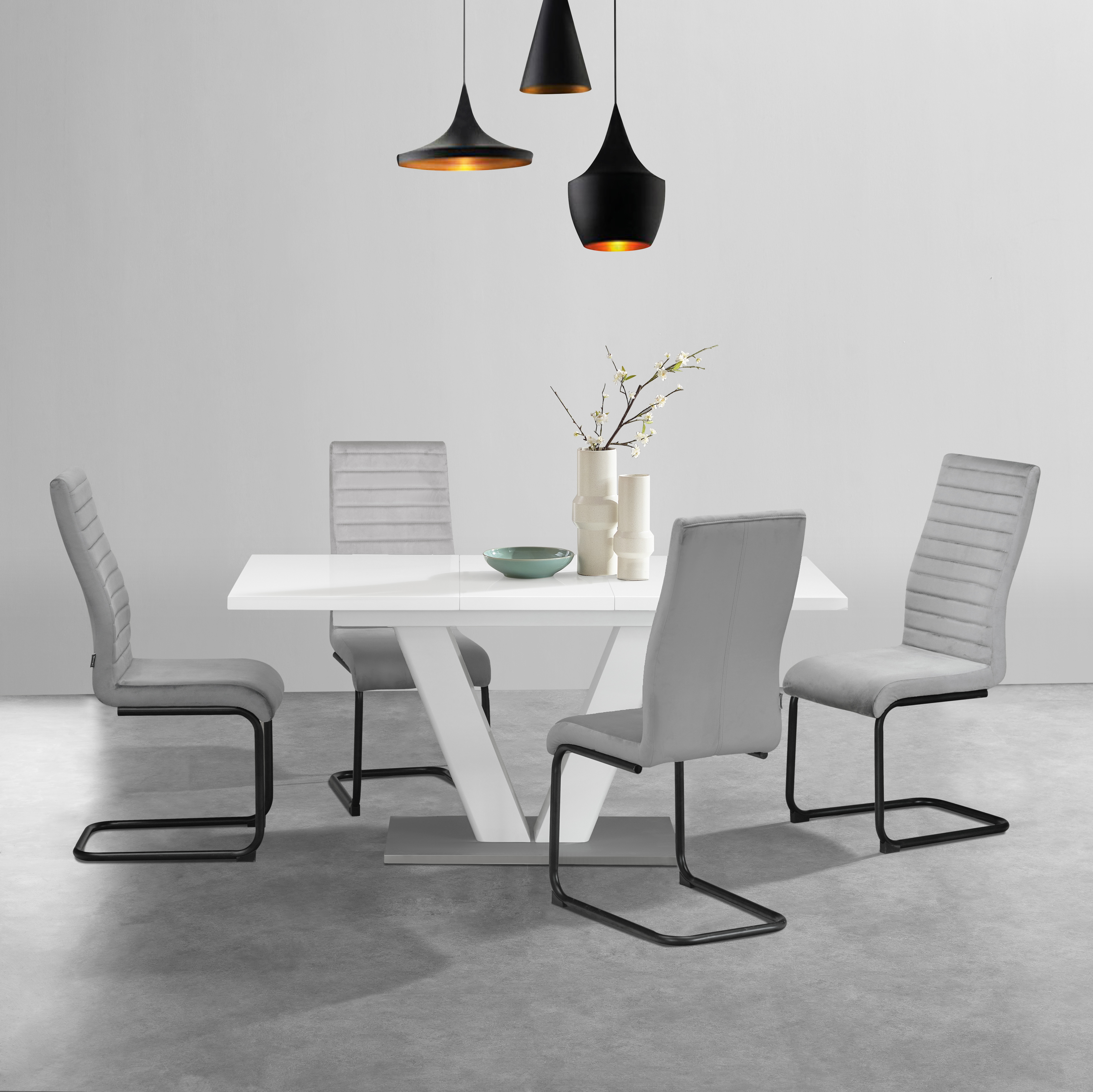 Essgruppe HOME AFFAIRE "Elbach, TOPSELLER, OTTOs Choice", grau (weiß, hellgrau,), Samtvelours, Einlegeplatte, Sitzmöbel-Sets, ausziehbar 120-160 cm, Hochglanz, Tischgruppe Freischwinger