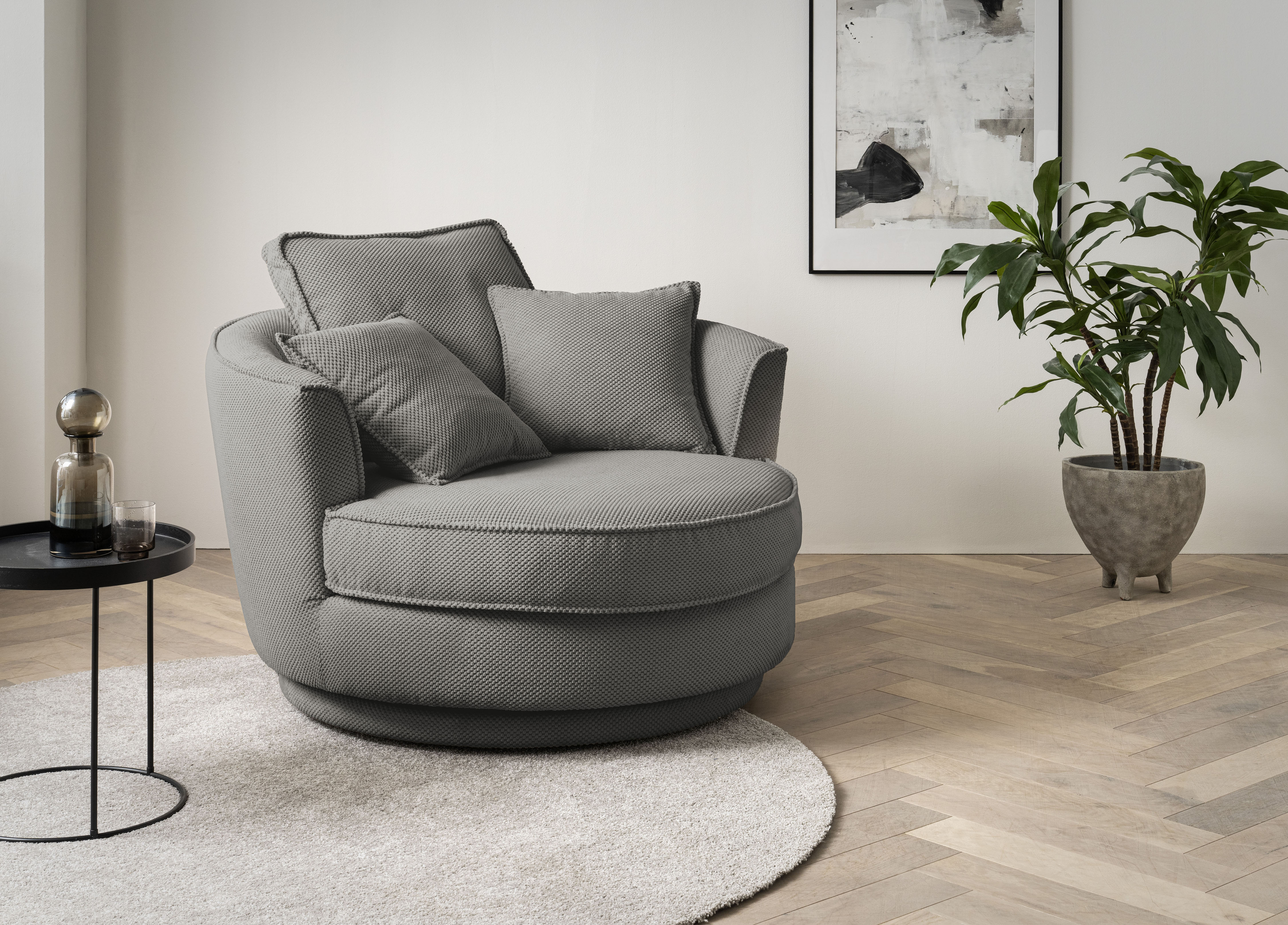 Drehsessel LEONIQUE "MAISIE, Love Seat XXL, Lese-Sessel BIG-", grau (mittelgrau), B:120cm H:86cm T:120cm, Sessel, Sessel in MEGA CORD u. Web-Velours, 360 Grad drehbar