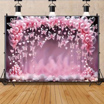 TEMU & Flower Balloon Birthday Party Backdrop - Vinyl First Birthday Decoration With Heart-shaped String Lights, Clouds Design For Girls' Celebrations