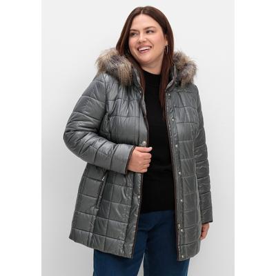 Steppjacke SHEEGO "Große Größen", Damen, Gr. 54, grau, Obermaterial: 60% Polyester, 40% Polyamid;Futter: 100% Polyester;Wattierung: 100% Polyester, unifarben, klassisch, figurbetont lang, Langarm, Jacken, mit Kunstfell-Kapuze, dezent glänzend Image