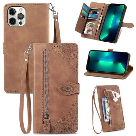 For iPhone 16 Pro Max 6.9inch Case Wallet for Women Men Durable PU Leather Magnetic Flip Lanyard Strap Wristlet Zipper Card Holder Wallet Phone Case for iPhone 16 Pro Max Brown iPhone 16 Pro Max
