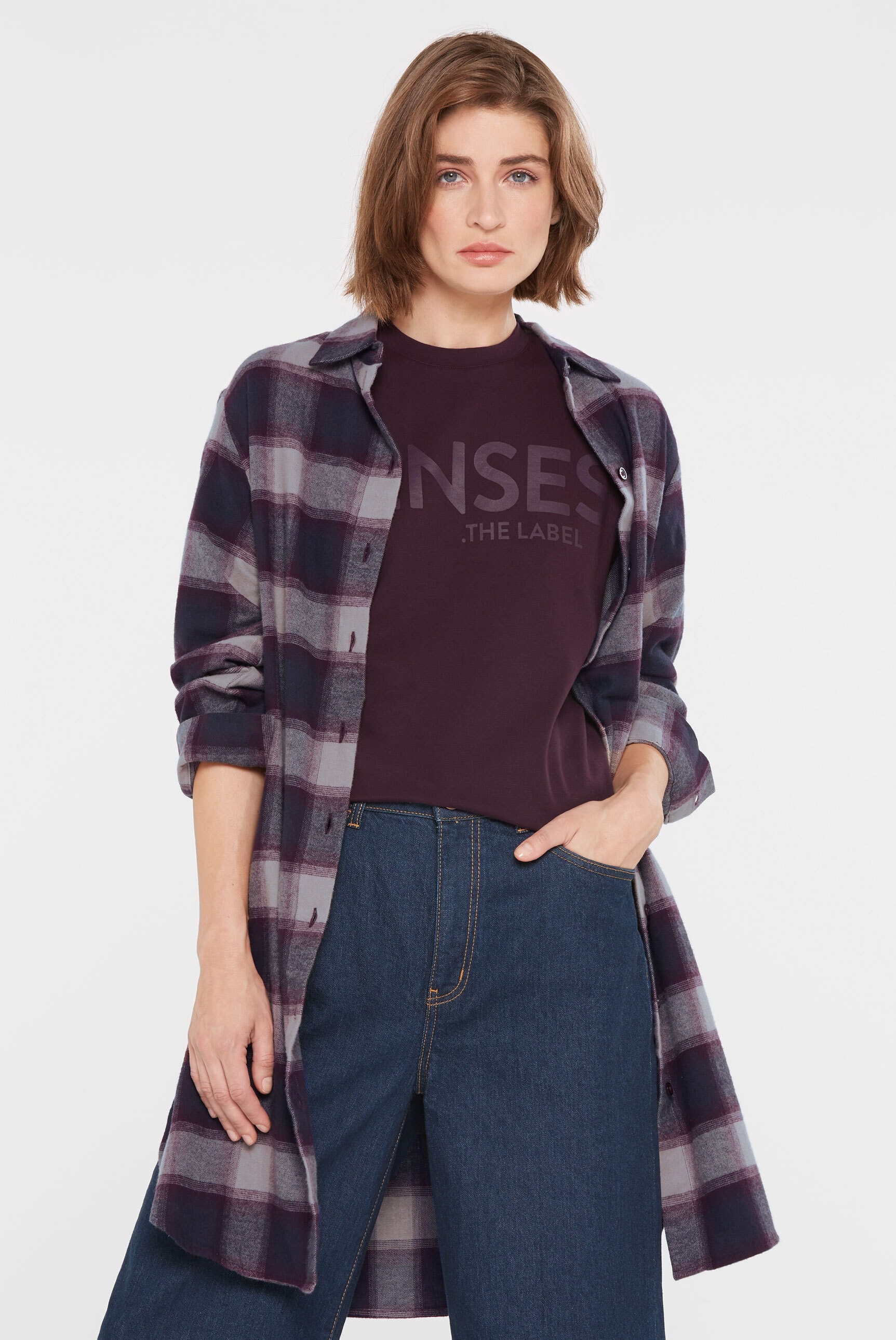 Karokleid SENSES.THE LABEL, Damen, Gr. S, US-Größen, lila (deep plum), Material: 100% Baumwolle, kariert, Midi, hoch geschlossener Ausschnitt, Ärmel mit Ärmelschlitz 1-Knopf-Manschette, Kleider, aus Baumwolle