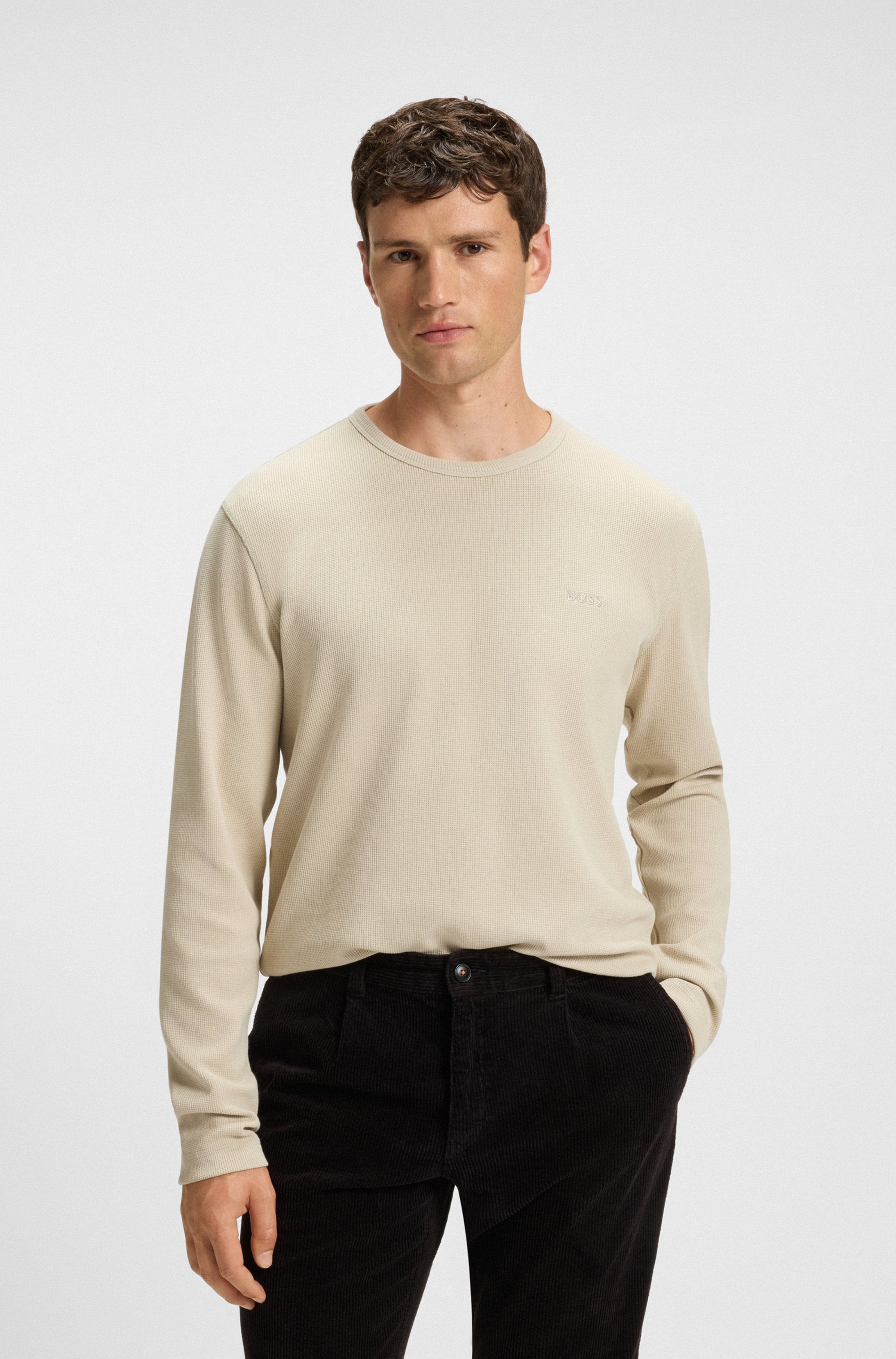 Langarmshirt BOSS ORANGE "Tempesto", Herren, Gr. L, beige (light beige271), Single Jersey, Obermaterial: 78% Baumwolle, 15% Polyacryl, 7% Elasthan, unifarben, regular fit normal, Rundhals, Shirts Langarmshirt, mit BOSS-Stickerei