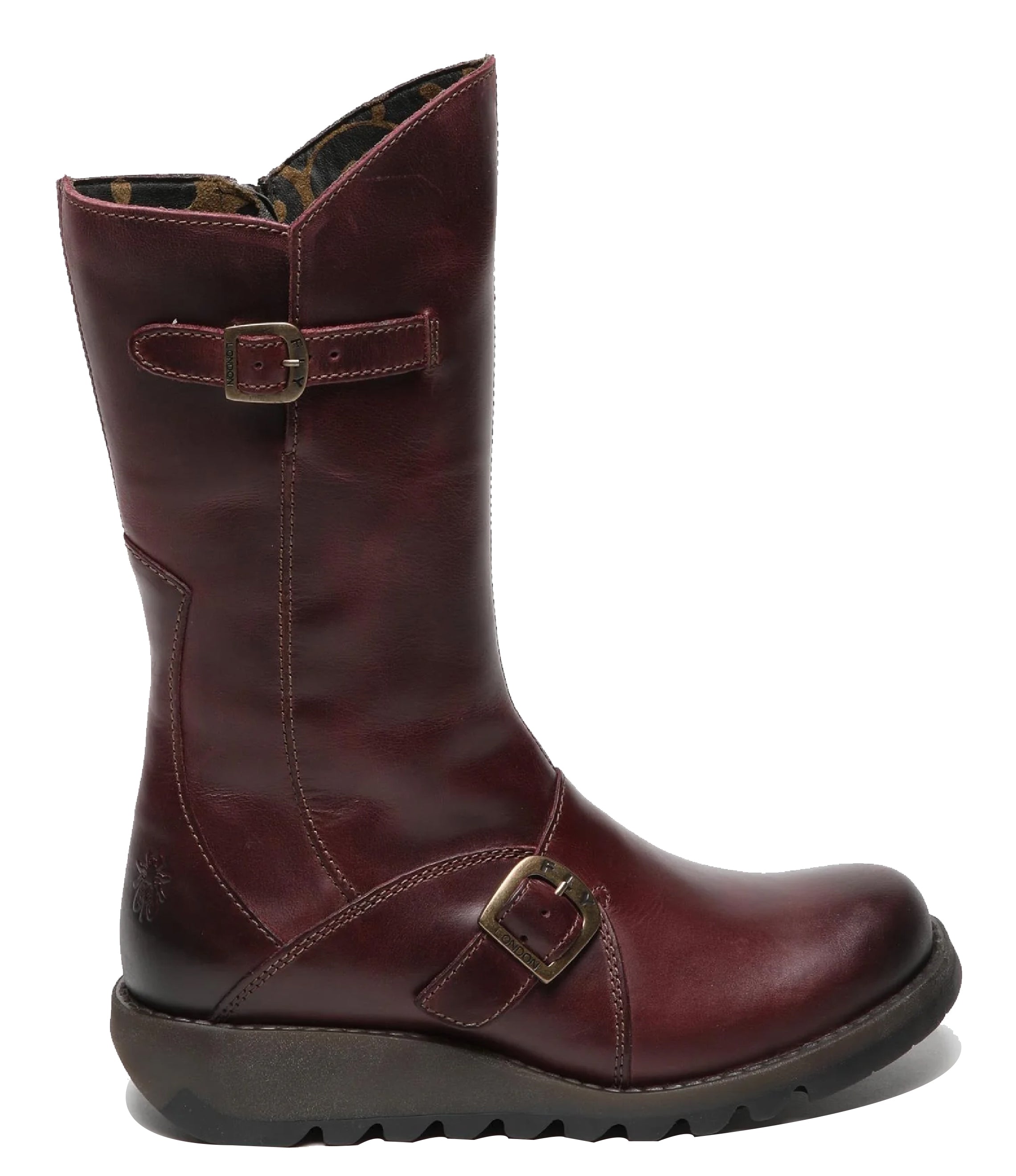 Fly London Damen MES 2 Plateaustiefel mit Keilabsatz, Schnalle, halbhoher Schaft, Leder, Reißverschluss, Weinrot
