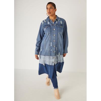 Plus Size Colorblocked Maxi Denim Jacket