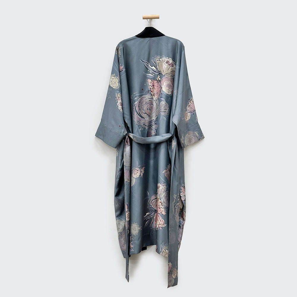 Jia Washable Silk Twill Long Lightweight Kimono Robe - grey (final sale) / one size