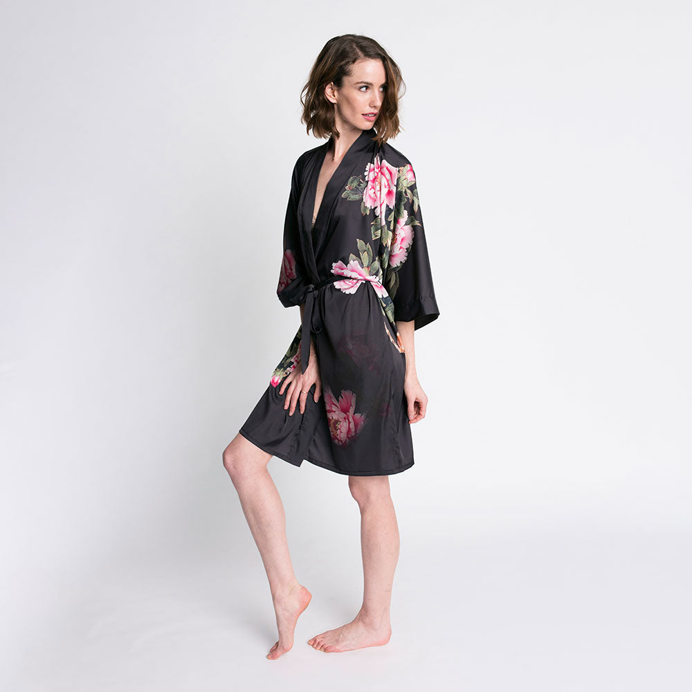 KIM+ONO Kimono Robe | Peony & Bird Short Kimono Robe | Polyester Charmeuse | Black | Short