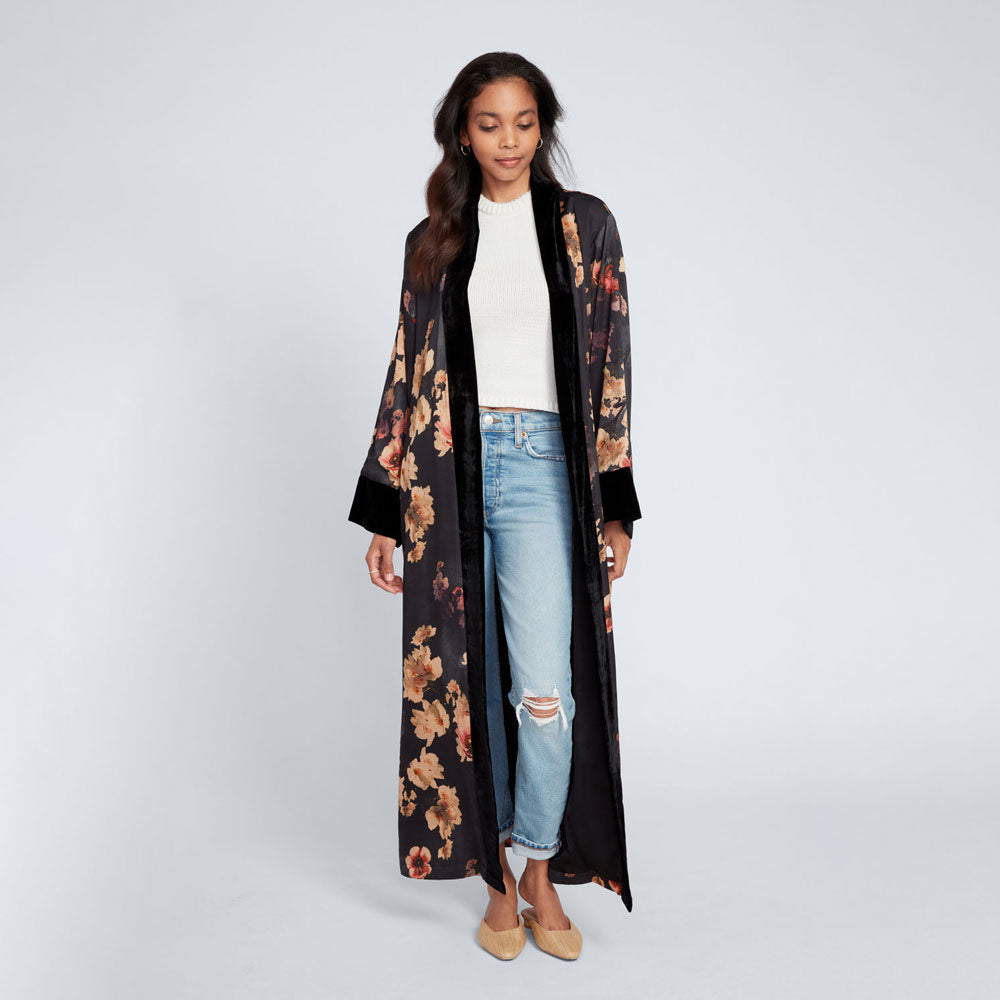KIM+ONO Kimono Robe | Azumi Long Kimono Wrap | Polyester Charmeuse | Black | Long