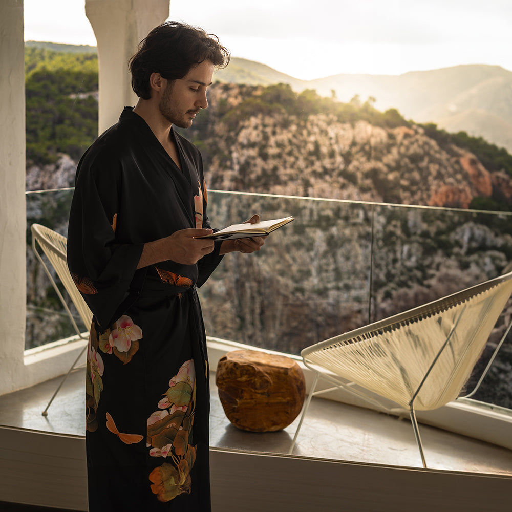 KIM+ONO Kimono Robe | Peony & Butterfly Long Kimono Robe | Polyester Charmeuse | Black | Long