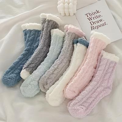 TEMU 5pcs Cozy Coral Fleece Socks For Women - Thick, Warm Mid-calf Floor & Sleeping Socks, Solid Color, Machine Washable Image