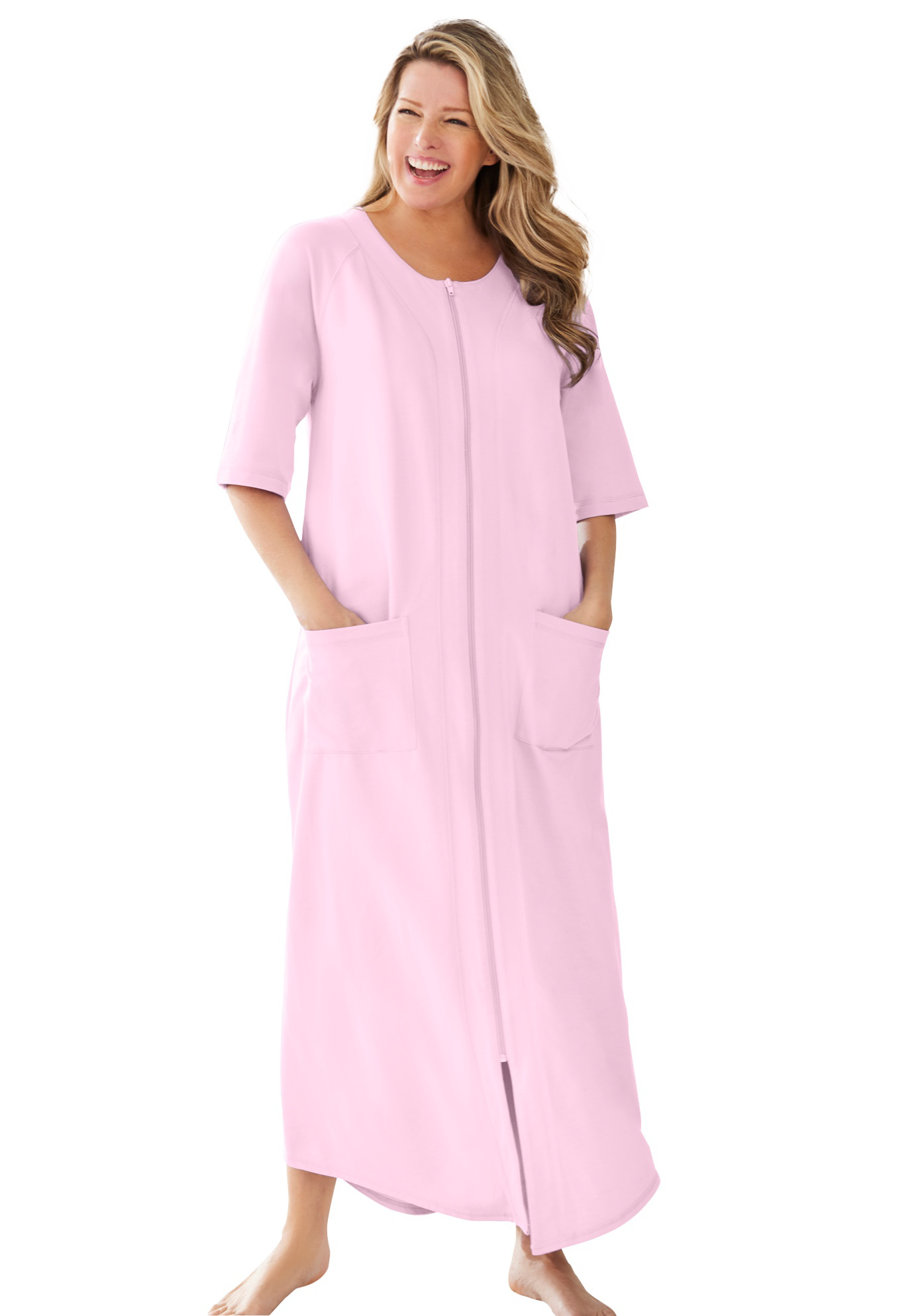 Plus Size Women's Long French Terry Zip-Front Robe by Dreams & Co. in Pink (Size L)