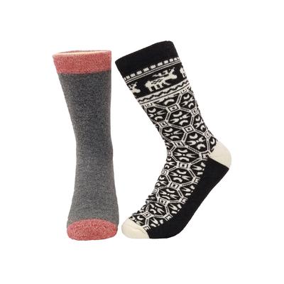 Women's 2 Pr Super Soft Polyester Thermal Insulated Socks by GaaHuu in Black Moose Grey (Size OS (6-10.5))