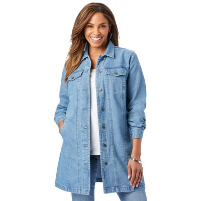 Plus Size Women's Long Denim Jacket by Jessica London in Light Wash (Size 12 W) Tunic Length Jean Jacket
