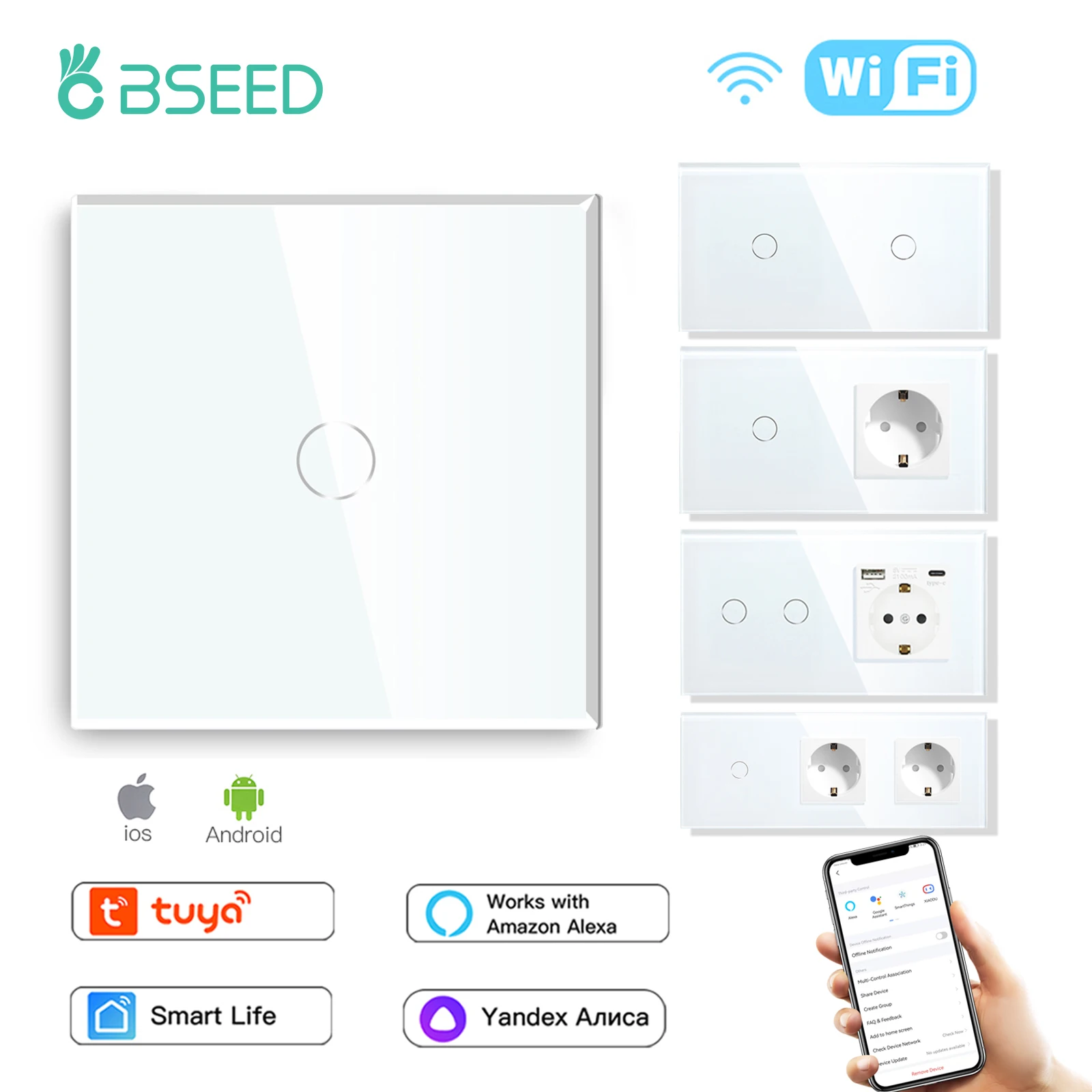BSEED Wifi Touch Schalter Wand Licht Schalter Mit EU Buchse USB Typ-C Stecker Tuya Smart Leben Alexa Yandex App Steuerung Glas Panel Image