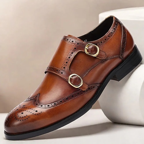 Braune Monkstrap-Schuhe für Herren mit Brogue-Details und doppeltem Riemen - formelle Schuhe aus hochwertigem Rindsleder für Business und besondere Anlässe