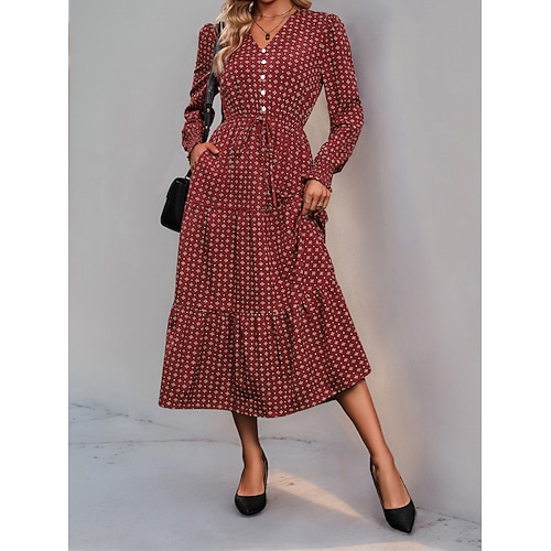 Damen Polka Dot V-Ausschnitt Midikleid Langarm Frühling Herbst Image
