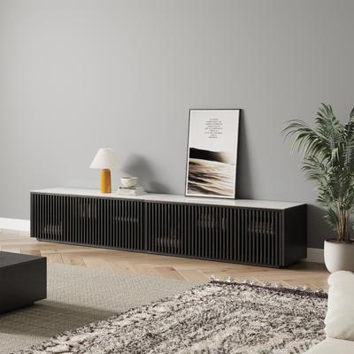 95" Modern Minimalist Wood TV Stand with Glossy Sintered Stone Tabletop, Slatted Entertainment Center, Black TV Console, Perfect for 85-inch TVs
