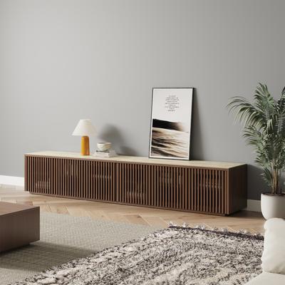 95"Modern Minimalist Wood TV Stand with Matte Sintered Stone Tabletop, Slatted Entertainment Center, Wood TV Console, Perfect for 85-inch TVs