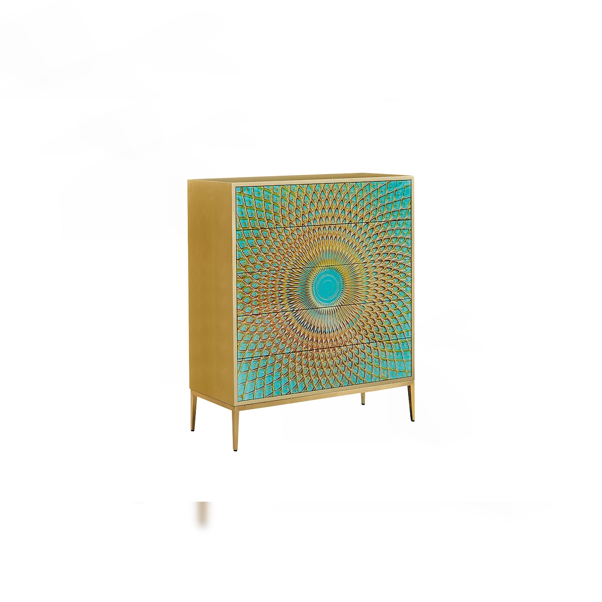 KAWOLA Highboard LAGO 5 Schubladen Glas grün Fuß Edelstahl goldfarben Image