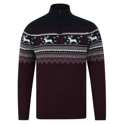 Jumpers Men's Wayne Nordic Fair Isle Jacquard Knit Christmas Jumper with Quarter Zip Funnel Neck in Ink - Merry Christmas / XXL - Tokyo Laundry