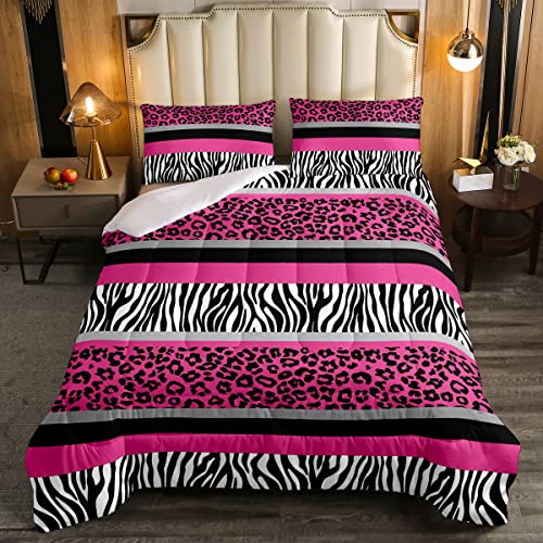 Zebra Stripes Leopard Duvet Set For Kids Boys Girls Pink Black White Zebra Leopard Fur Bedding Set Ultra Soft Wild Animal Skin Texture Down Comforter King Size