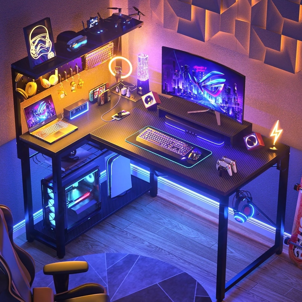 43" Carbon Fibre Computer Desk Power Outlets & RGB Light Gamer Black