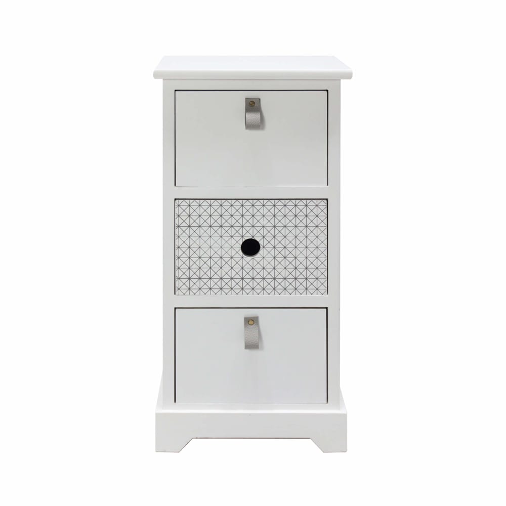 Comodino stretto con 3 cassetti in legno bianco