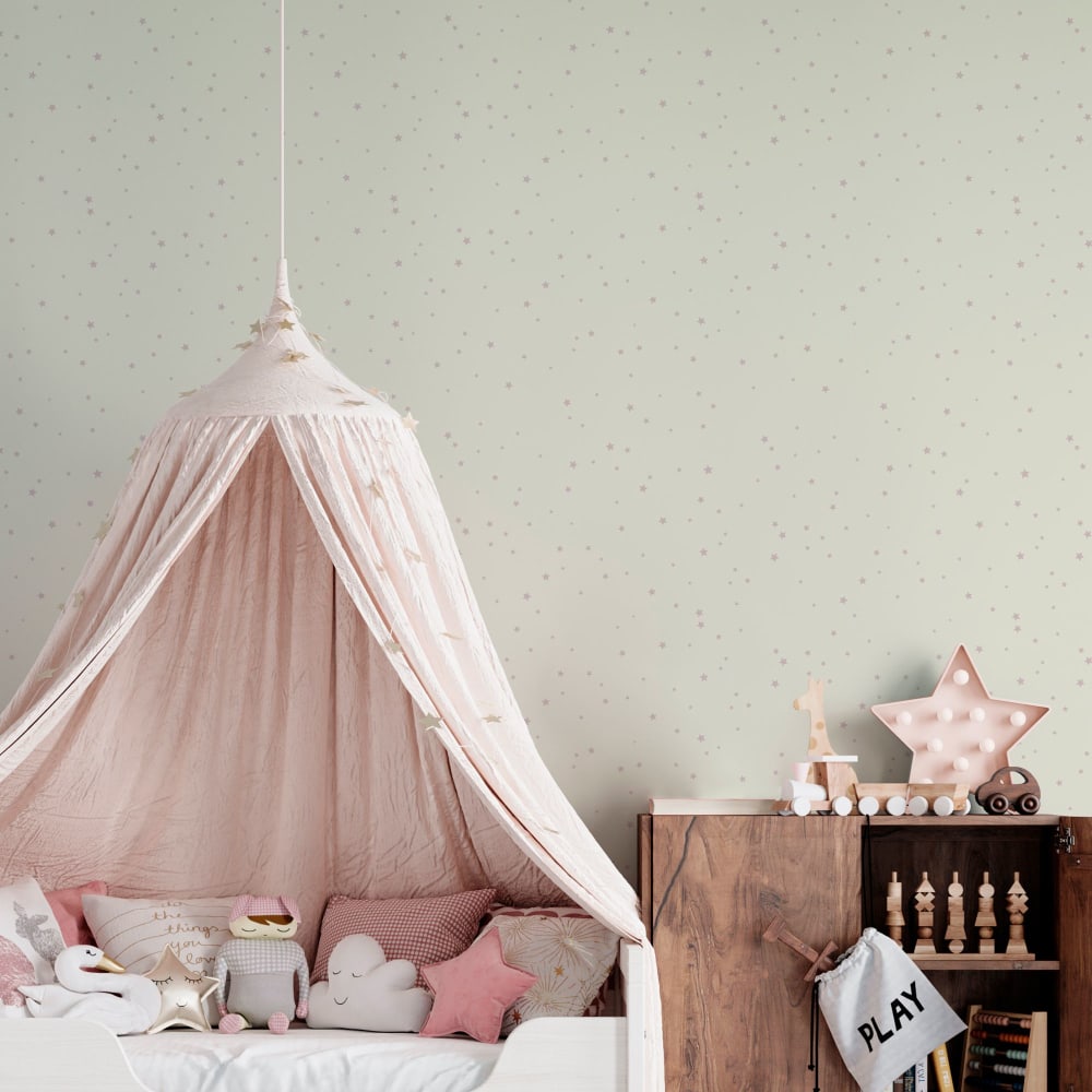 Carta da parati con stampa di stelline rosa. 53cmx10m