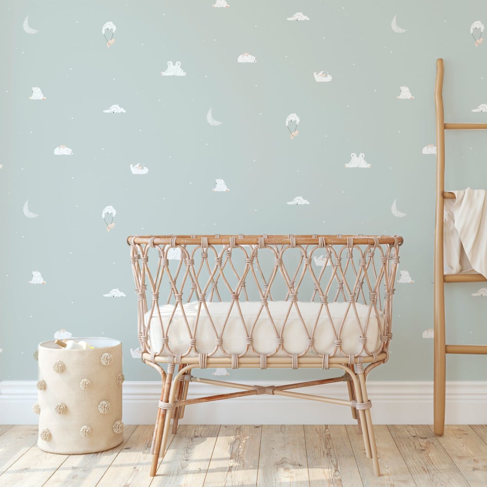 Carta da parati con stampa orsi verde. 53cmx10m