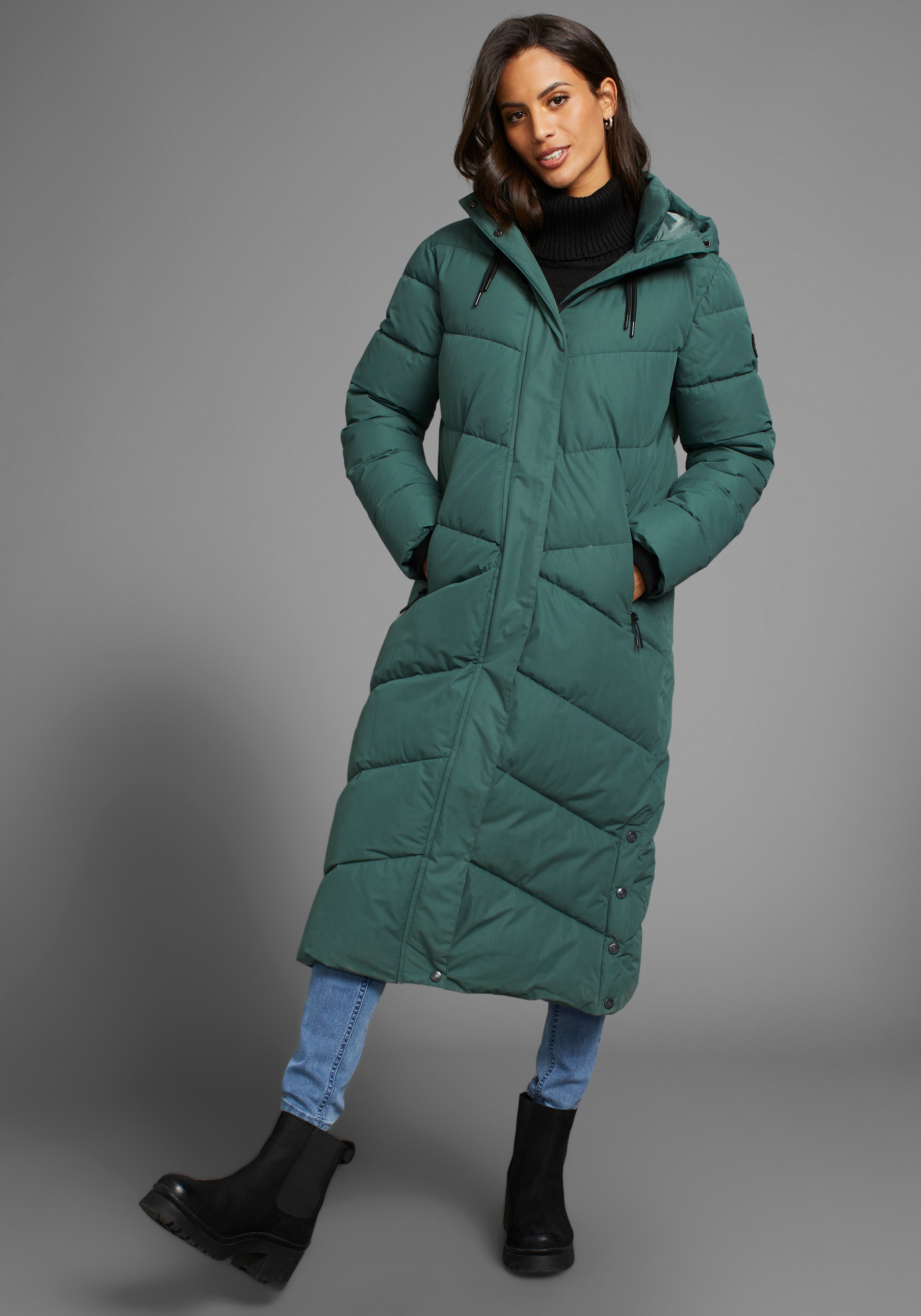 Steppmantel POLARINO, Damen, Gr. 34 (XS), grün (dunkelgrün), Obermaterial: 100% Polyester. Futter: 100% Polyester. Wattierung: 100% Polyester. Futter Rückenteil: 100% Polyester, unifarben, oversize extralang, Rippbündchen, Mäntel, aus wasserdichtem... Image
