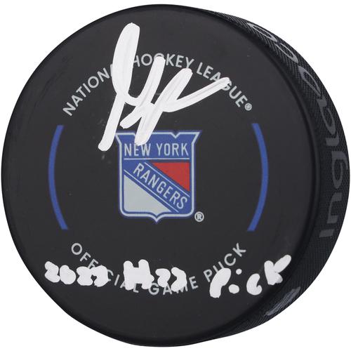 Von Gabe Perreault signierter offizieller Spielpuck der New York Rangers mit der Aufschrift „2023 #23 Pick“