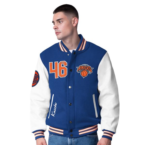 mens-g-iii-sports-by-carl-banks-blue-new-york-knicks-moneyball-wool---leather-full-snap-varsity-jacket/