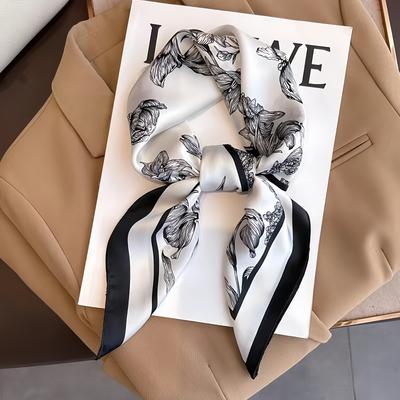 TEMU Elegant Floral Satin Scarf For Women - Soft, Lightweight, Versatile Neck & Hair Accessory With Bow Detail, Casual , Scarf Image