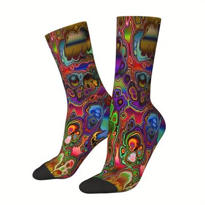 TEMU Abstract Pattern 1 Pair Men's Mid-calf Crew Socks, Breathable Comfy Casual Sports Socks For Basketball Running Image