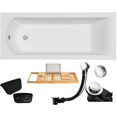 Badewanne Rechteck 180x80 + Kopfstütze + Bambus Ablage, Ablauf & Füße gratis - Komplettset 5in1