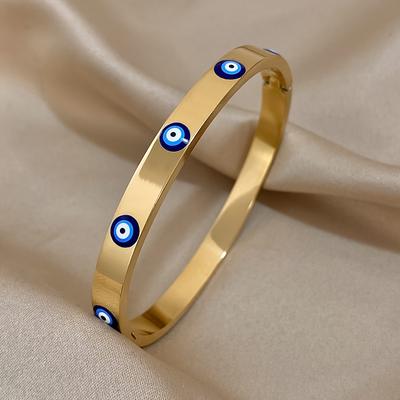 TEMU 1pc Gold-plated Evil Eye Cuff Bracelet - Stainless Steel With Charms, Ideal For , Parties, Valentine's & Day Gifts, Beach & Travel Accessory, Cute Bracelets, Best For Christmas Image