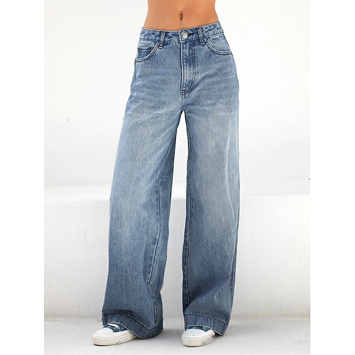 Per donna Jeans Gamba larga Moda Streetwear Lunghezza intera Vita Alta Semplice Tasca Comodo Morbido Confortevole Micro-elastico All'aperto Streetwear Blu Primavera Autunno Primavera, Autunno