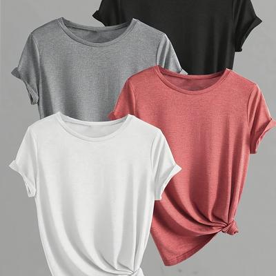 TEMU Solid Color T-shirt 4 Pack, Crew Neck Short Sleeve Simple Top For , Women's Clothing Image