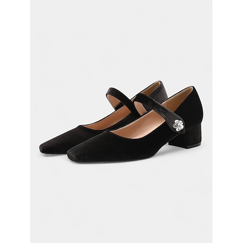 Samtige Mary-Jane-Pumps für die Mutter der Braut, elegante Abendschuhe mit niedrigem Blockabsatz und Strassschnalle – elegante Schuhe für Hochzeit und Abend Image
