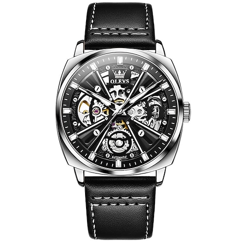 Olevs 6685 Automatikuhr für Herren, goldenes Skelett, Edelstahl, wasserdicht, Lederarmband, sportliche mechanische Herrenarmbanduhren Image