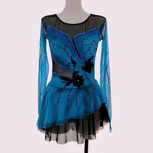 Eiskunstlaufkleid Damen Mädchen Eislaufen Kleid Blau Daumenloch Halo-Färbung Spandex Netzstoff Dehnbar Professionell Training Übung Eiskunstlaufkleidung Thermowarm Klassisch Kristall / Strass Langarm Image