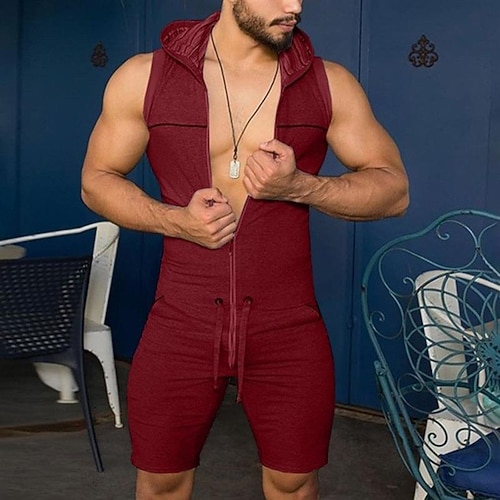 Herren Trainingsanzug Overall Jogginganzug Vollreißverschluss Einteilig Einfarbig Sportbekleidungsset Sommer Schwarz Rot Fitnesstraining Joggen Laufen Weich Atmungsaktiv Ärmellos Sport Sportkleidung Image