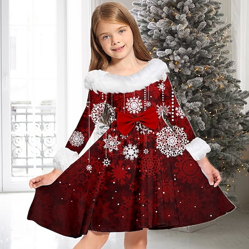 kinderkleidung Mädchen Weihnachtsoutfit Kleid Schneeflockenkleid Schneeflocke Langarm Casual Pelzkragen Rundhalsausschnitt bezaubernd Täglich Polyester Übers Knie Casual kleid Schaukelkleid A Linie Image