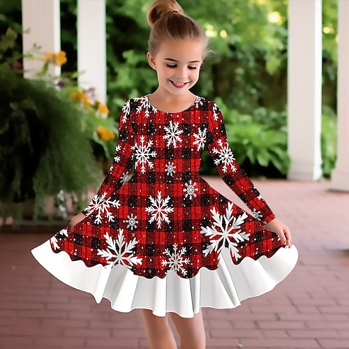 Mädchen' 3D Plaid Schneeflocke Kleid Langarm 3D-Druck Herbst Winter Urlaub Sport Natur Täglich Kuschelig Brautkleider schlicht Schön kinderkleidung 3-12 Jahre Casual kleid A Linie Kleid Übers Knie Image